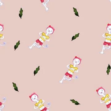 Seamless pattern with cartoon cat doing yoga. Symbol of a healthy lifestyle. Stock Illustration