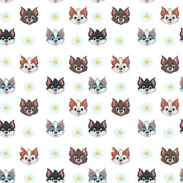 Seamless Pattern of Cartoon Cat Faces and Daisy Flowers 库存插图