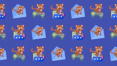Seamless pattern of cartoon cat, gaming, and digital security icons Stock Footage 321412453