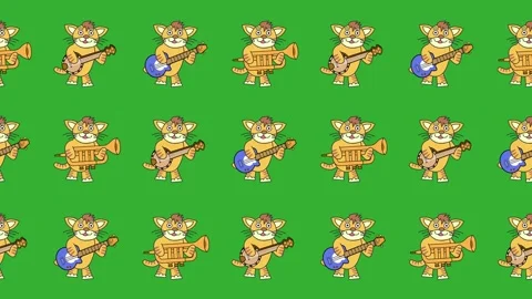 Seamless pattern of cartoon cat musicians playing guitar and horn background Stock Footage 318961853