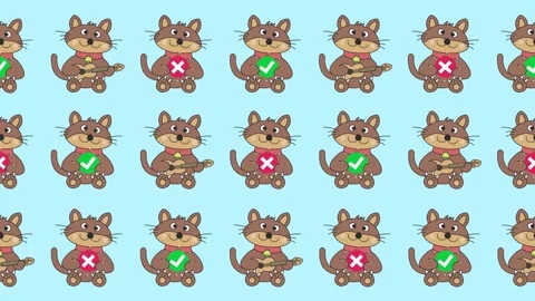 Seamless pattern with cartoon cats holding checkmarks, crosses, and guitars Stock Footage 331064933