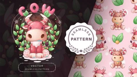 Seamless pattern cartoon character adorable cow, pretty animal idea for print t Stock Illustration