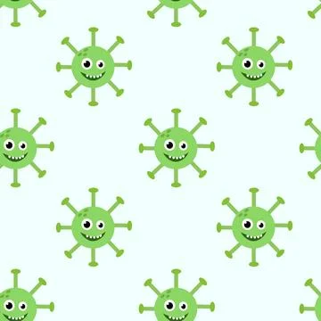 Seamless Pattern with cartoon character virus. Microbiology organism funny face Stock Illustration