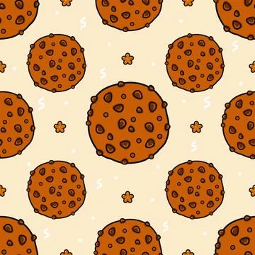 Seamless pattern of cartoon chocolate chip cookies on a light background Stock Illustration
