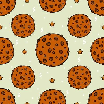 Seamless pattern of cartoon chocolate chip cookies on a light green backgroun Stock Illustration