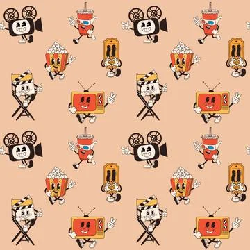 Seamless pattern with Cartoon cinema set, figure Stock-Illustration
