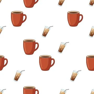 Seamless pattern with cartoon coffee mugs and iced coffee glasses on white .. Illustrazione stock