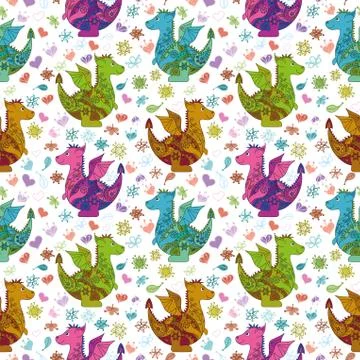 Seamless pattern, cartoon colorful Dragons Stock Illustration