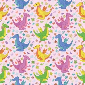 Seamless pattern, cartoon colorful dragons Stock Illustration