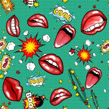 Seamless pattern cartoon comic super speech bubble labels with text, sexy open Stock Illustration