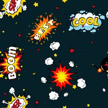 Seamless pattern cartoon comic super speech bubble labels with text, sexy open 스톡 일러스트