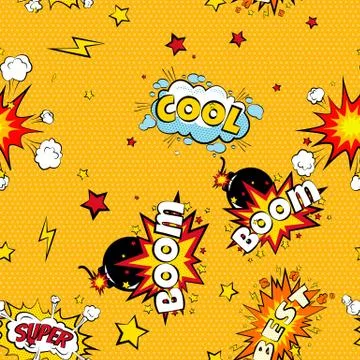 Seamless pattern cartoon comic super speech bubble labels with text, sexy open Illustrazione stock