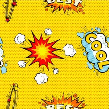 Seamless pattern cartoon comic super speech bubble labels with text, sexy open Stock Illustration