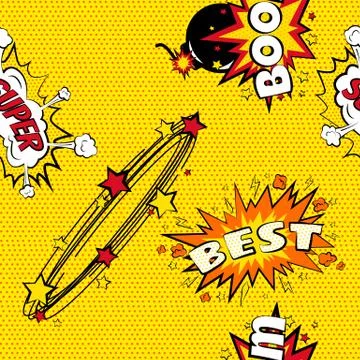 Seamless pattern cartoon comic super speech bubble labels with text, sexy open Stock Illustration