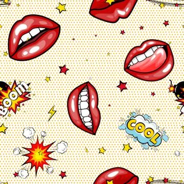 Seamless pattern cartoon comic super speech bubble labels with text, sexy open Illustrazione stock