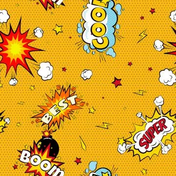 Seamless pattern cartoon comic super speech bubble labels with text, sexy open Stock Illustration