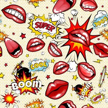 Seamless pattern cartoon comic super speech bubble labels with text, sexy open 스톡 일러스트
