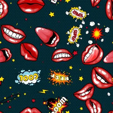 Seamless pattern cartoon comic super speech bubble labels with text, sexy open 스톡 일러스트