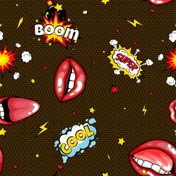 Seamless pattern cartoon comic super speech bubble labels with text, sexy open Stock Illustration