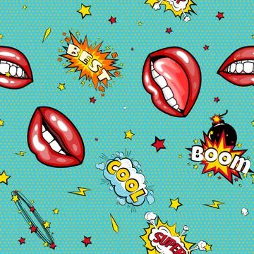 Seamless pattern cartoon comic super speech bubble labels with text, sexy open Illustrazione stock