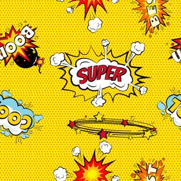 Seamless pattern cartoon comic super speech bubble labels with text, sexy open Stockillustratie