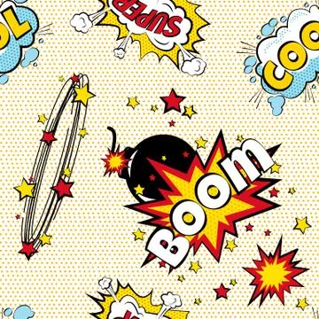 Seamless pattern cartoon comic super speech bubble labels with text, sexy open Stock Illustration