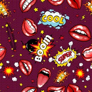 Seamless pattern cartoon comic super speech bubble labels with text, sexy open Illustrazione stock