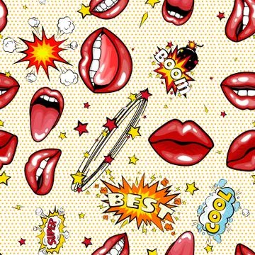Seamless pattern cartoon comic super speech bubble labels with text, sexy open 스톡 일러스트