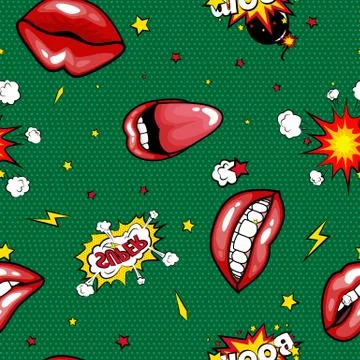 Seamless pattern cartoon comic super speech bubble labels with text, sexy open Stockillustratie