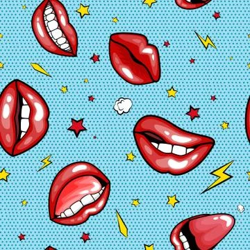 Seamless pattern cartoon comic super speech bubble labels with text, sexy open Stock Illustration