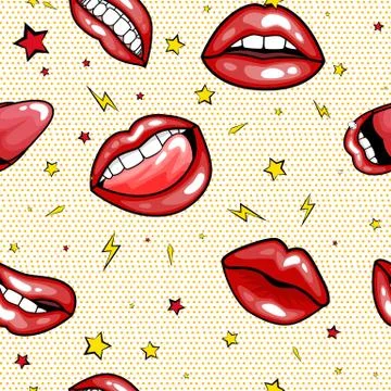 Seamless pattern cartoon comic super speech bubble labels with text, sexy open Stock Illustration