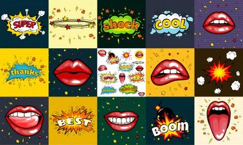 Seamless pattern cartoon comic super speech bubble labels with text, sexy open Illustrazione stock