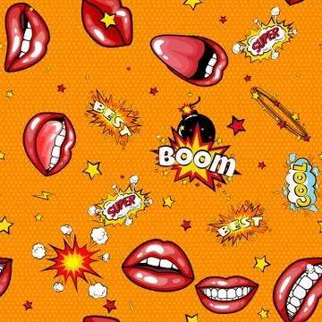 Seamless pattern cartoon comic super speech bubble labels with text, sexy open Stockillustratie