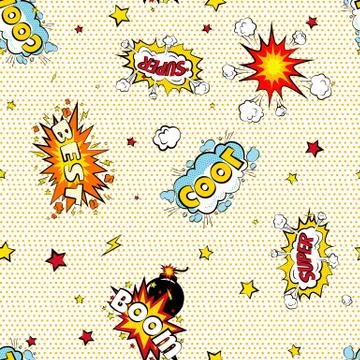 Seamless pattern cartoon comic super speech bubble labels with text, sexy open 스톡 일러스트