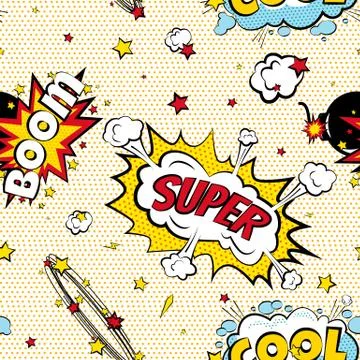 Seamless pattern cartoon comic super speech bubble labels with text, sexy open Stock Illustration