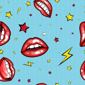 Seamless pattern cartoon comic super speech bubble labels with text, sexy open Stock Illustration