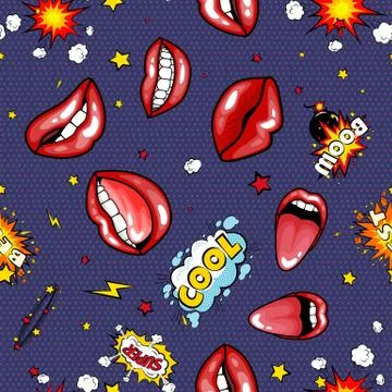 Seamless pattern cartoon comic super speech bubble labels with text, sexy open 스톡 일러스트