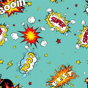 Seamless pattern cartoon comic super speech bubble labels with text, sexy open Illustrazione stock