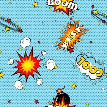 Seamless pattern cartoon comic super speech bubble labels with text, sexy open Stock Illustration