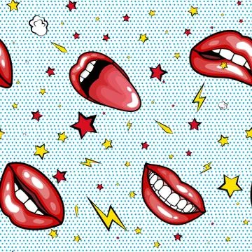 Seamless pattern cartoon comic super speech bubble labels with text, sexy open Stock Illustration