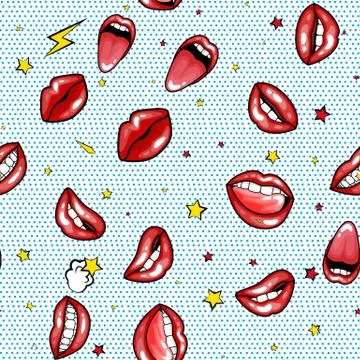Seamless pattern cartoon comic super speech bubble labels with text, sexy open Illustrazione stock