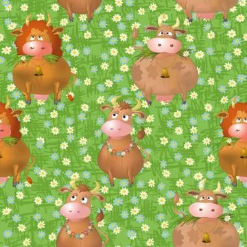 Seamless pattern, cartoon cows on a meadow Stock Illustration