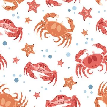 Seamless pattern with cartoon crab. Background with sea animal, seaweed in .. Stock Illustration