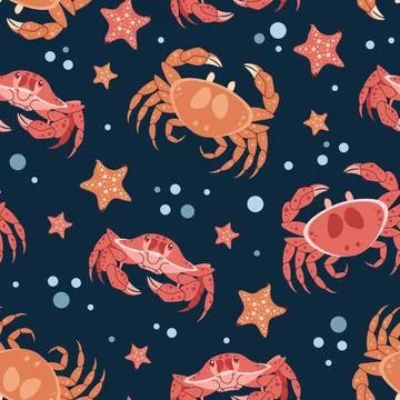 Seamless pattern with cartoon crab. Background with sea animal, seaweed in .. Stock Illustration