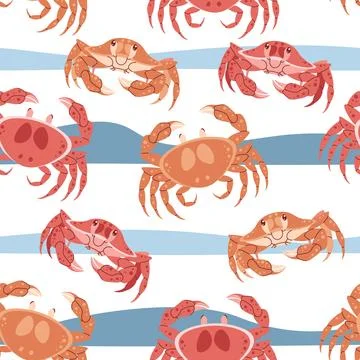Seamless pattern with cartoon crab. Background with sea animal, seaweed in .. 스톡 일러스트