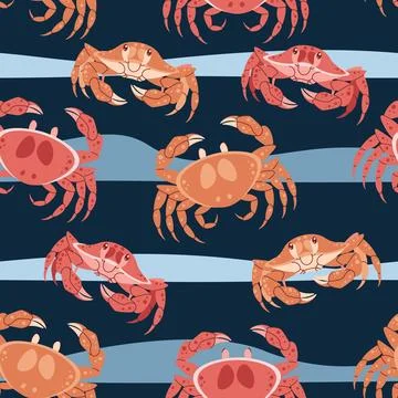 Seamless pattern with cartoon crab. Background with sea animal, seaweed in .. Illustrazione stock