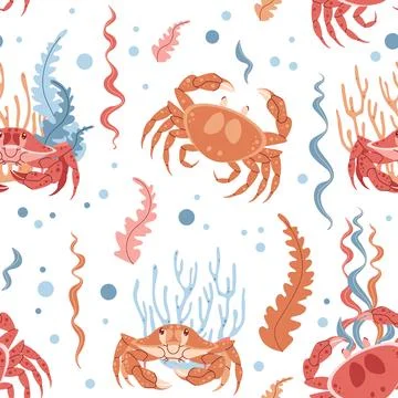 Seamless pattern with cartoon crab. Background with sea animal, seaweed in .. 스톡 일러스트