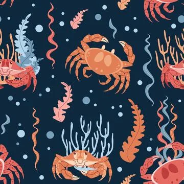 Seamless pattern with cartoon crab. Background with sea animal, seaweed in .. Stock Illustration