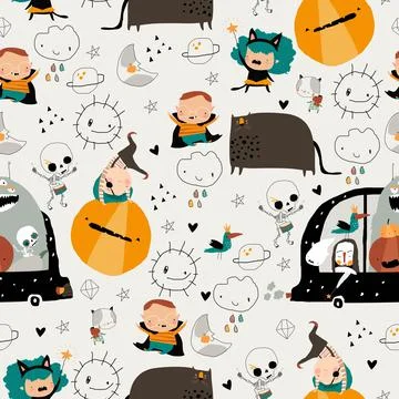 Seamless Pattern with Cartoon Crazy Monsters and Kids meeting Halloween Stock Illustration