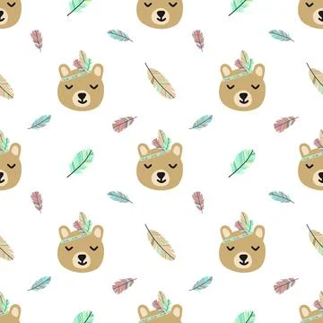Seamless pattern of cartoon cute bear and feathers in Boho style. Hand-drawn  Illustrazione stock